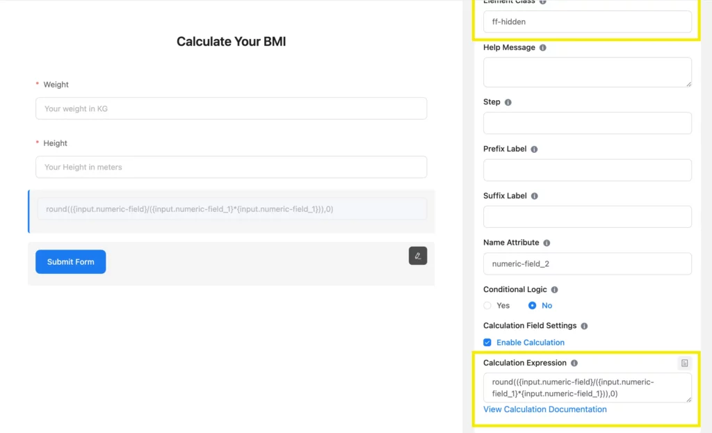 Formula for calculating BMI